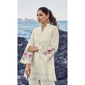 4987) Shivali Cream Lace Floral Embroidery Kurta Tunic Ethnic Top Medium?